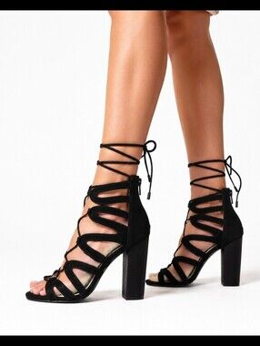 JustFab Women’s Size 11 Black Lace Up Gladiator Sandals 4.5” Block Heel